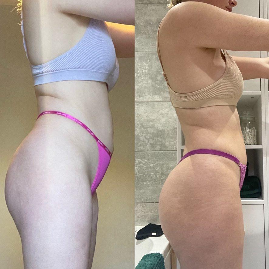 Sally — before and after transformation photos, body recomposition phase, weight maintained