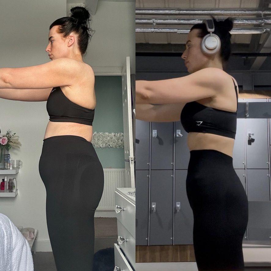 Sophie — before and after transformation photos, fat loss phase, -18kg maintained