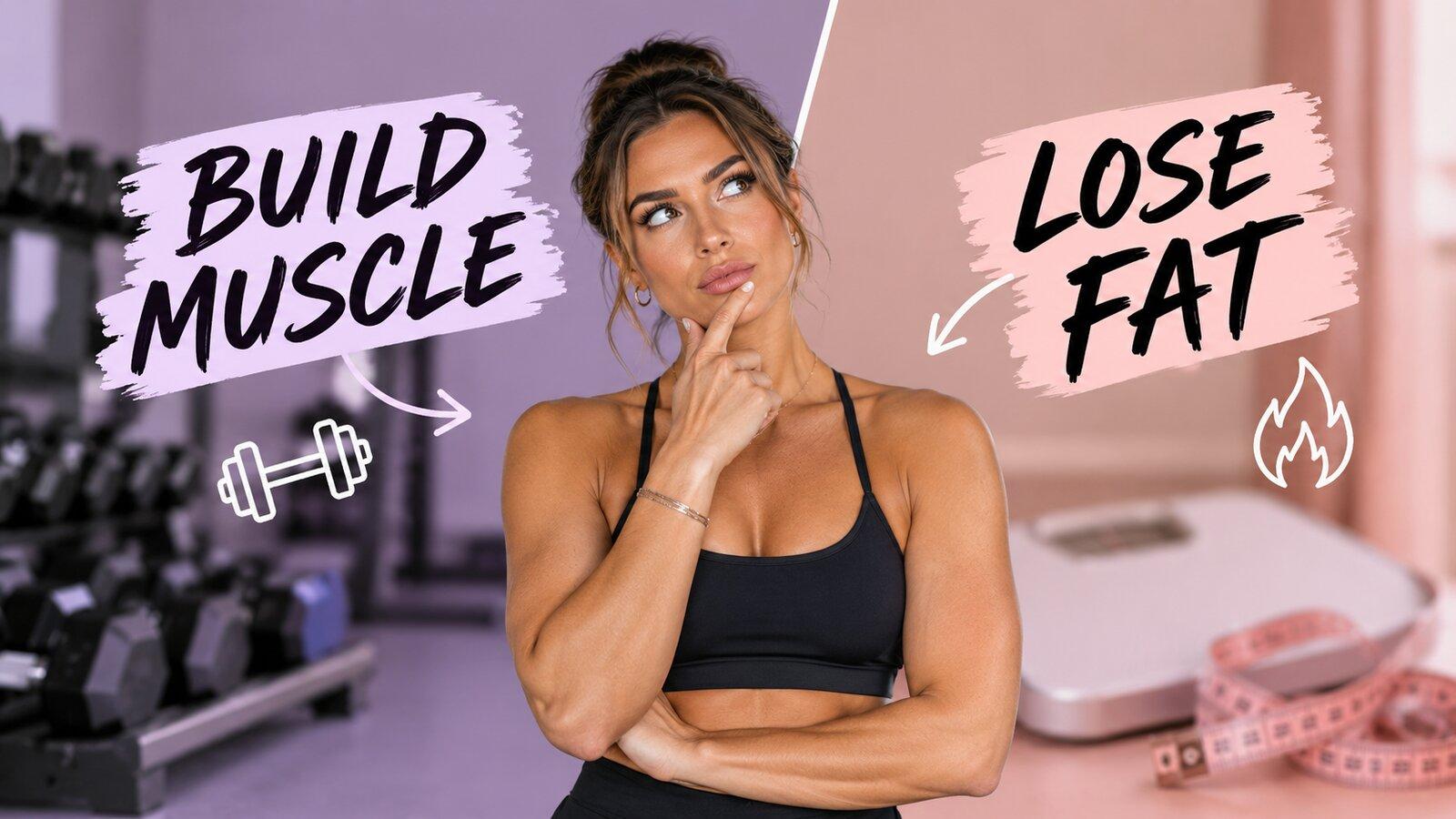 Split-screen graphic of a woman in workout gear looking thoughtfully between a gym with dumbbells labelled 'Build Muscle' and a bathroom scale with a tape measure labelled 'Lose Fat'