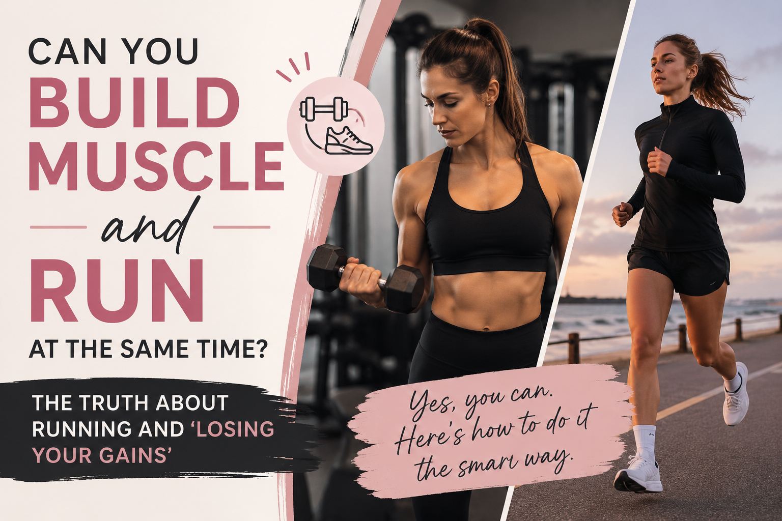 Woman strength training with dumbbells alongside a woman running, illustrating how to build muscle and run at the same time.