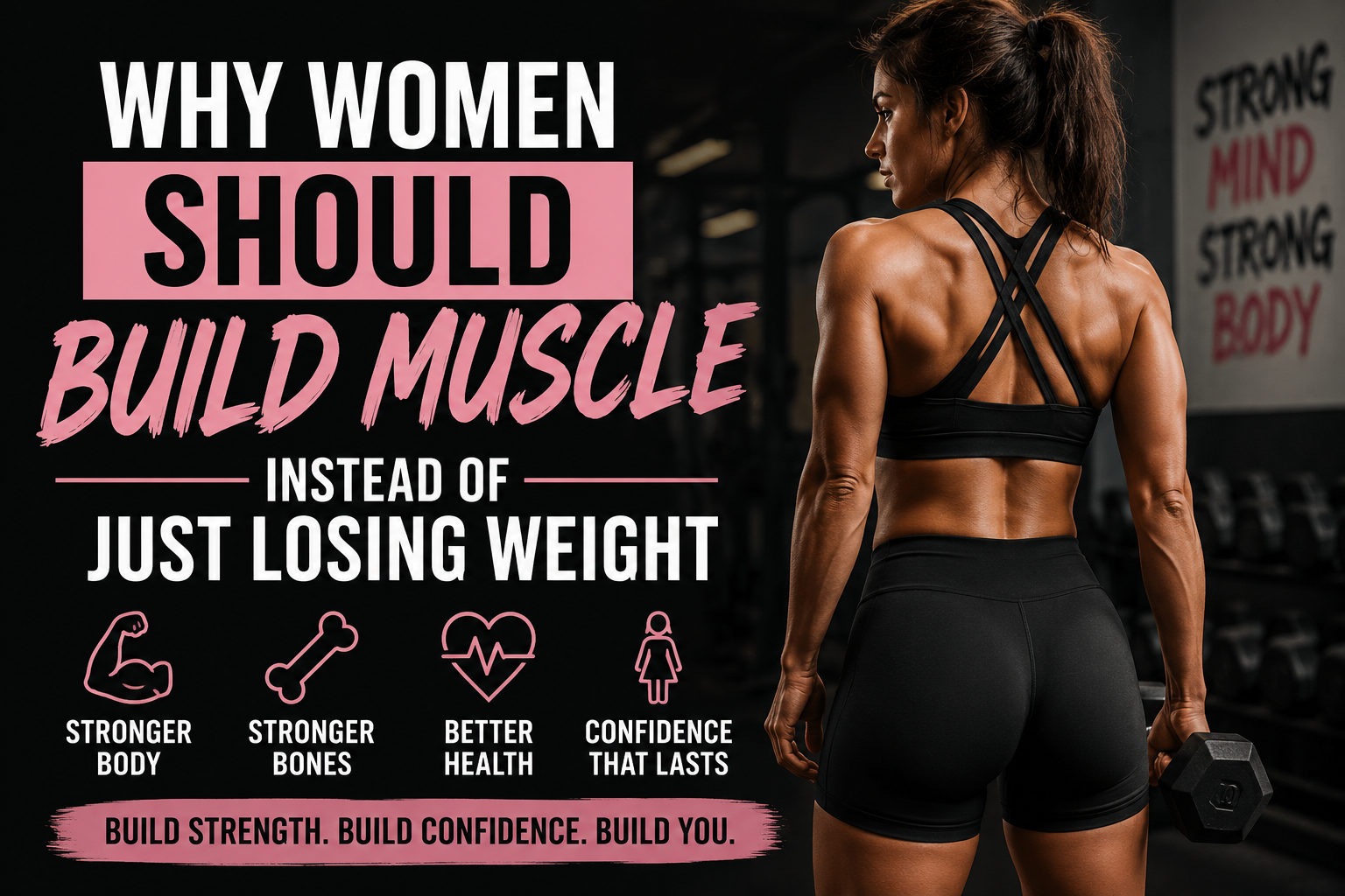 Woman strength training in a gym with text reading “Why Women Should Build Muscle Instead of Just Losing Weight