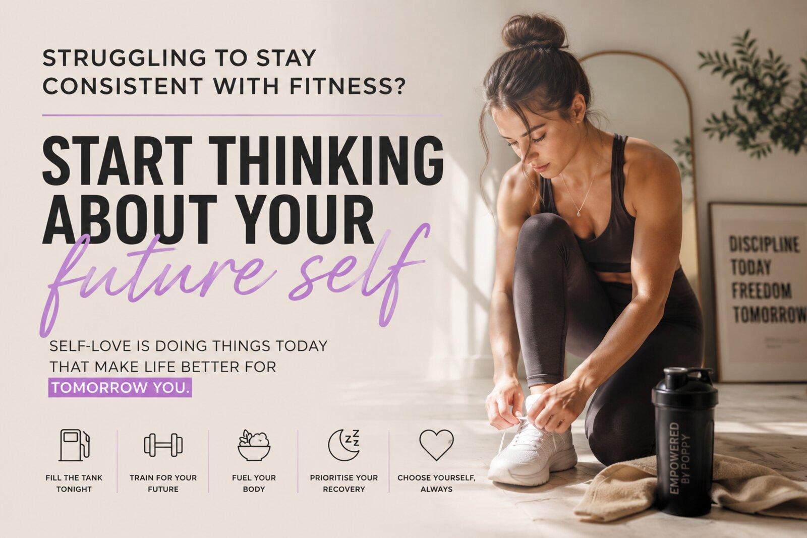 Woman tying her running shoe laces beside a gym bag and water bottle, next to the words 'start thinking about your future self'