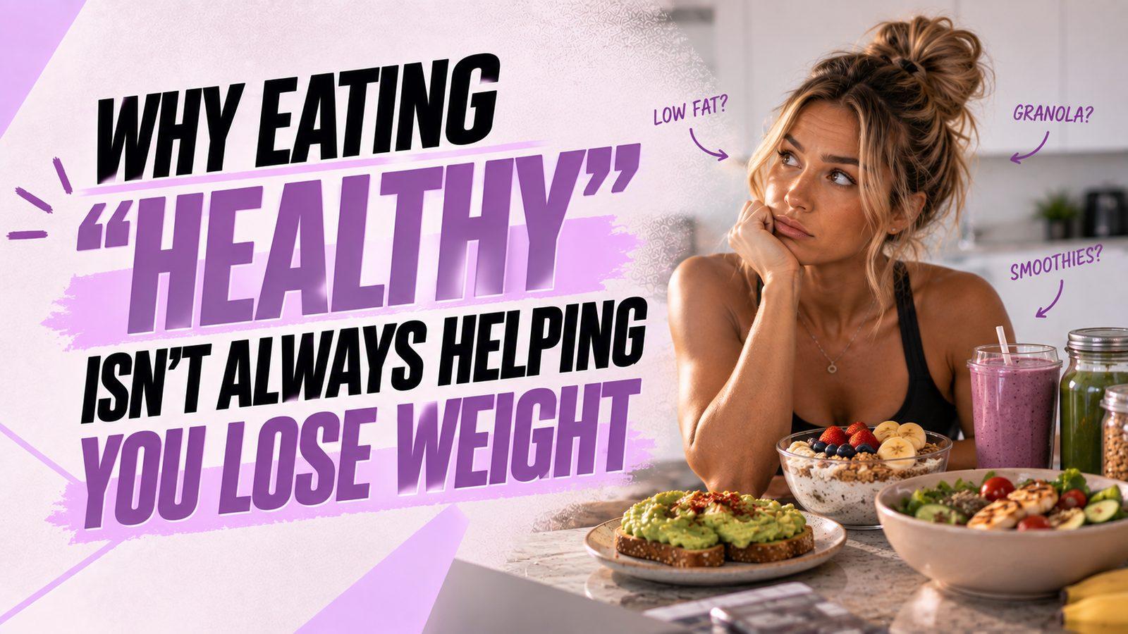 Woman looking thoughtfully at bowls of granola, smoothies and salad on her kitchen counter, questioning whether these 'healthy' foods are helping her lose weight