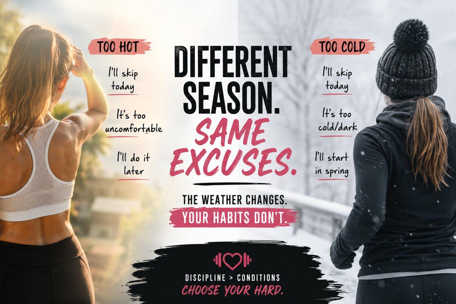 Split image of a woman training outdoors in summer heat beside a woman walking in winter snow, captioned 'different season, same excuses — the weather changes, your habits don't'