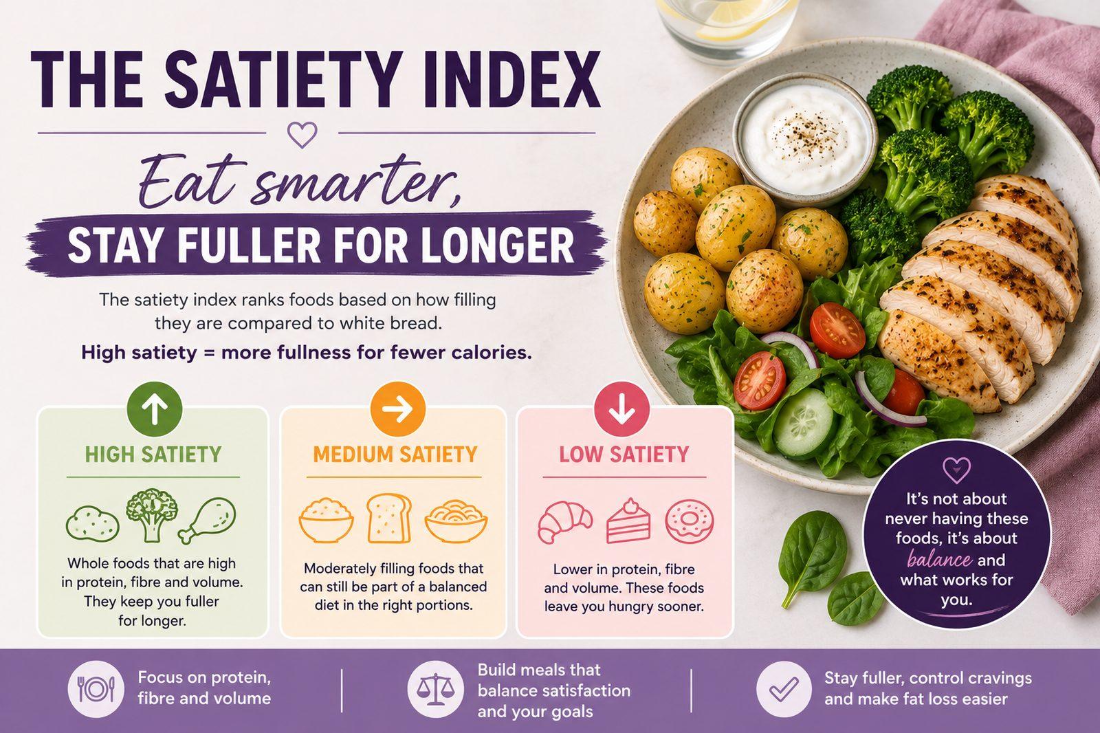 A balanced plate of chicken, potatoes, broccoli and salad, illustrating high-satiety foods that keep you fuller for longer