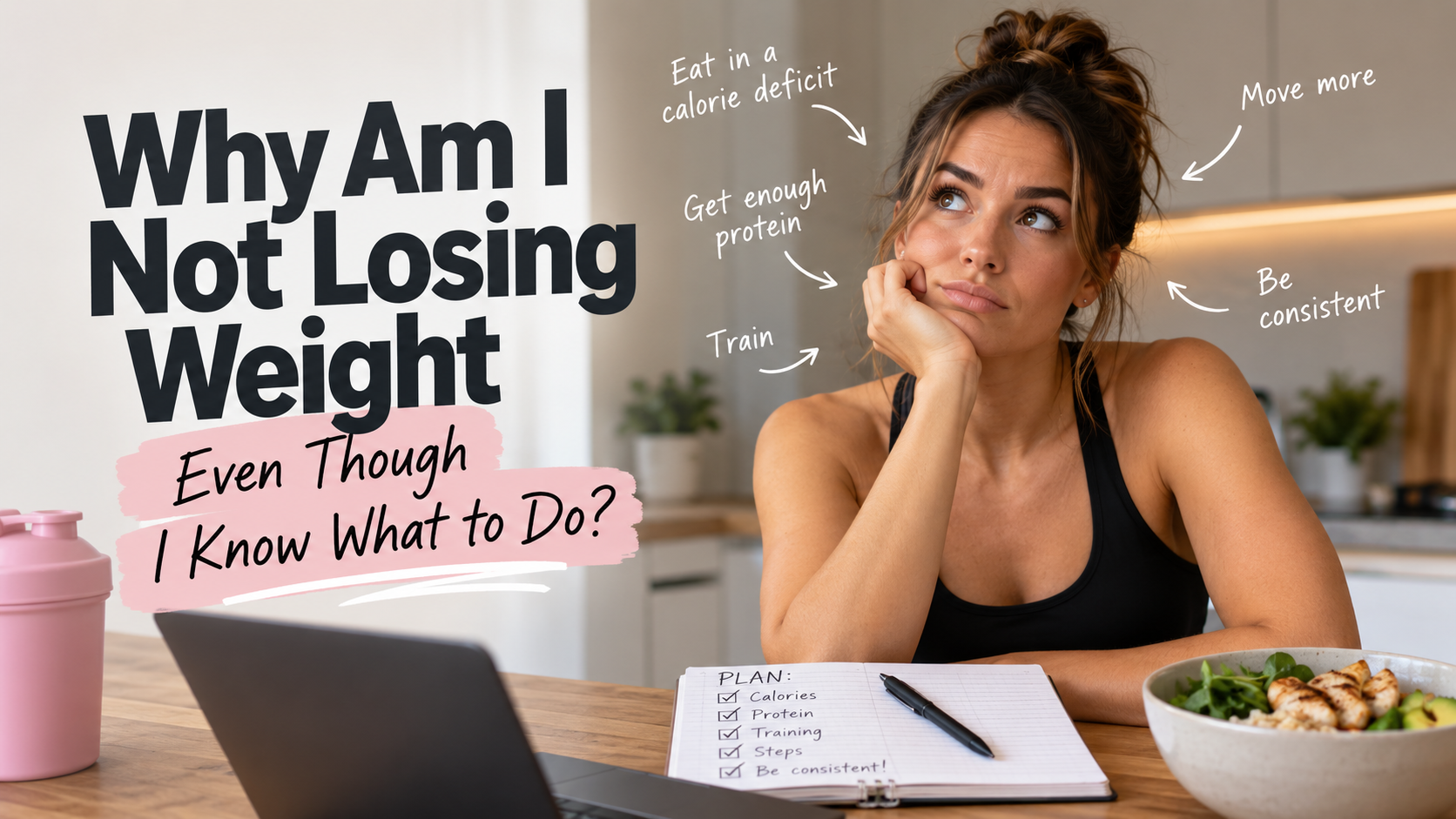Woman in workout clothes wondering why she is not losing weight despite following a calorie deficit, eating protein and training consistently